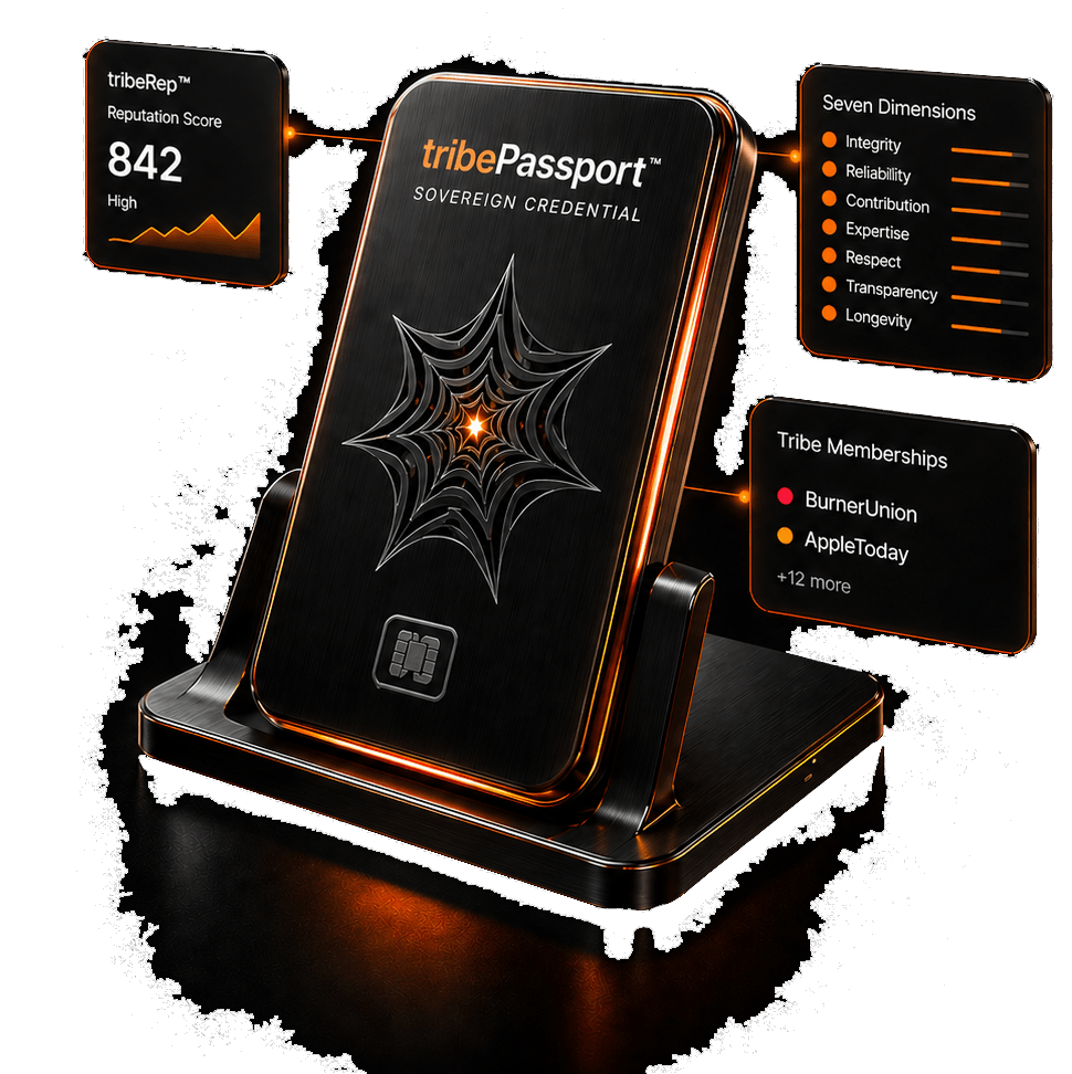 tribePassport™ Sovereign Credential — brushed metal card with tribeRep score, seven dimensions, and tribe memberships